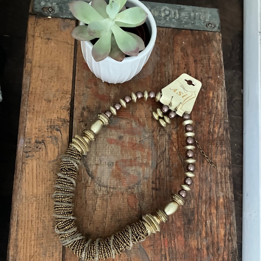 Beaded Necklace & Earrings Matching Set Brass, Golden, Metallic, Bronze colors